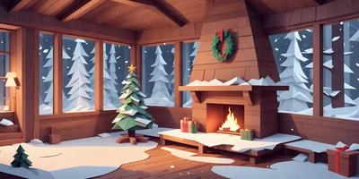 The primary subject of the image is a Christmas tree, which is placed in a living room. The setting includes a fireplace, a bench, and a window. The visual style is a combination of digital art and illustration, creating a warm and festive atmosphere. The colors are predominantly red, green, and white, which are associated with the Christmas season.